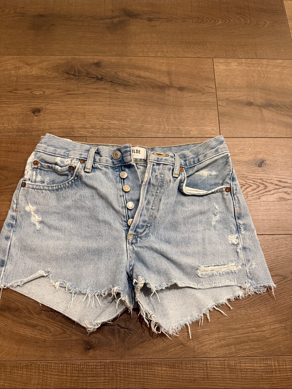 Agolde Light Blue Distressed Button-Front Denim Shorts
